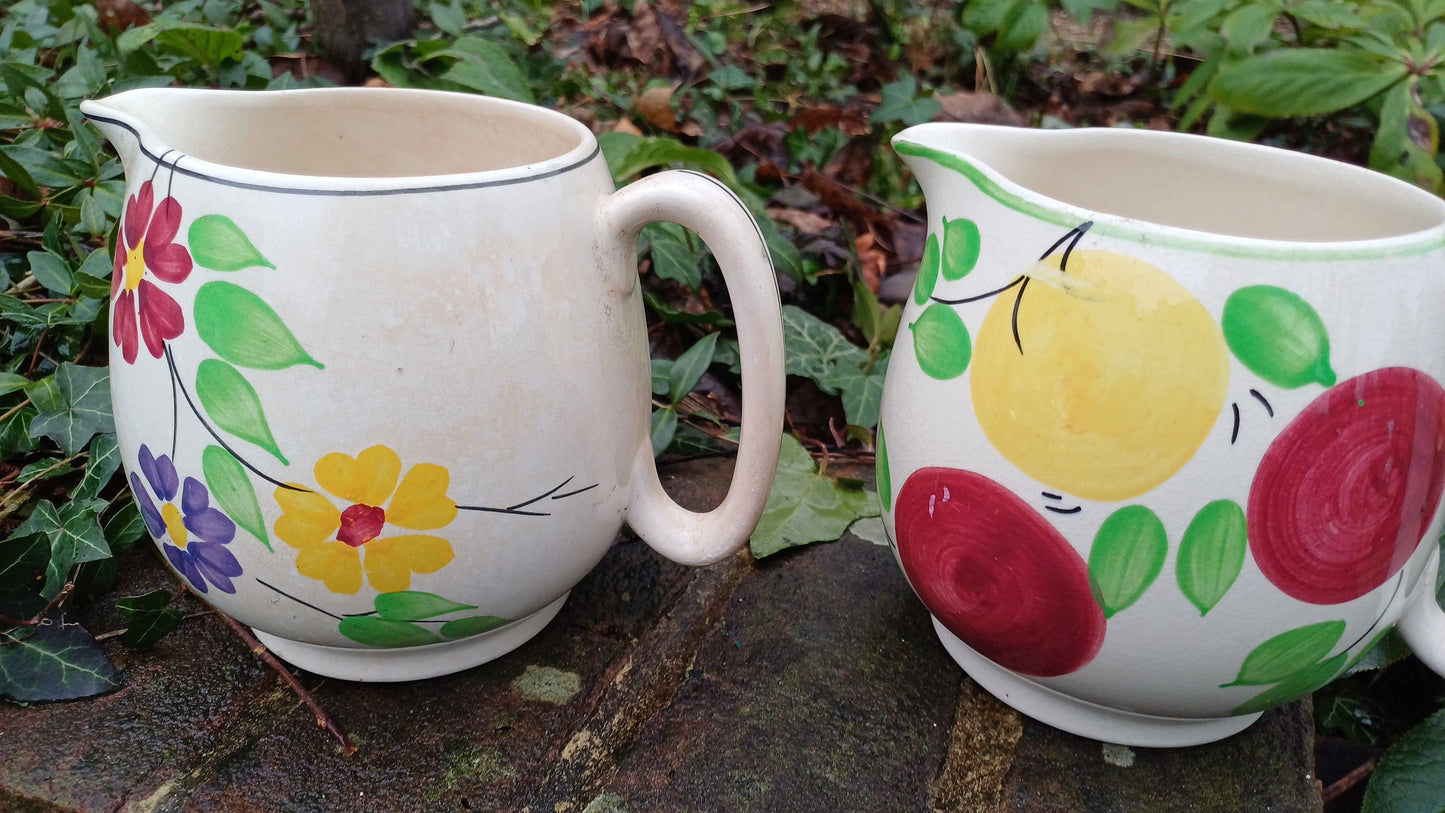 Mid century vintage matching pottery jugs - handpainted flowers and fruit - glazed, kitchen jugs, vases, 13cm tall