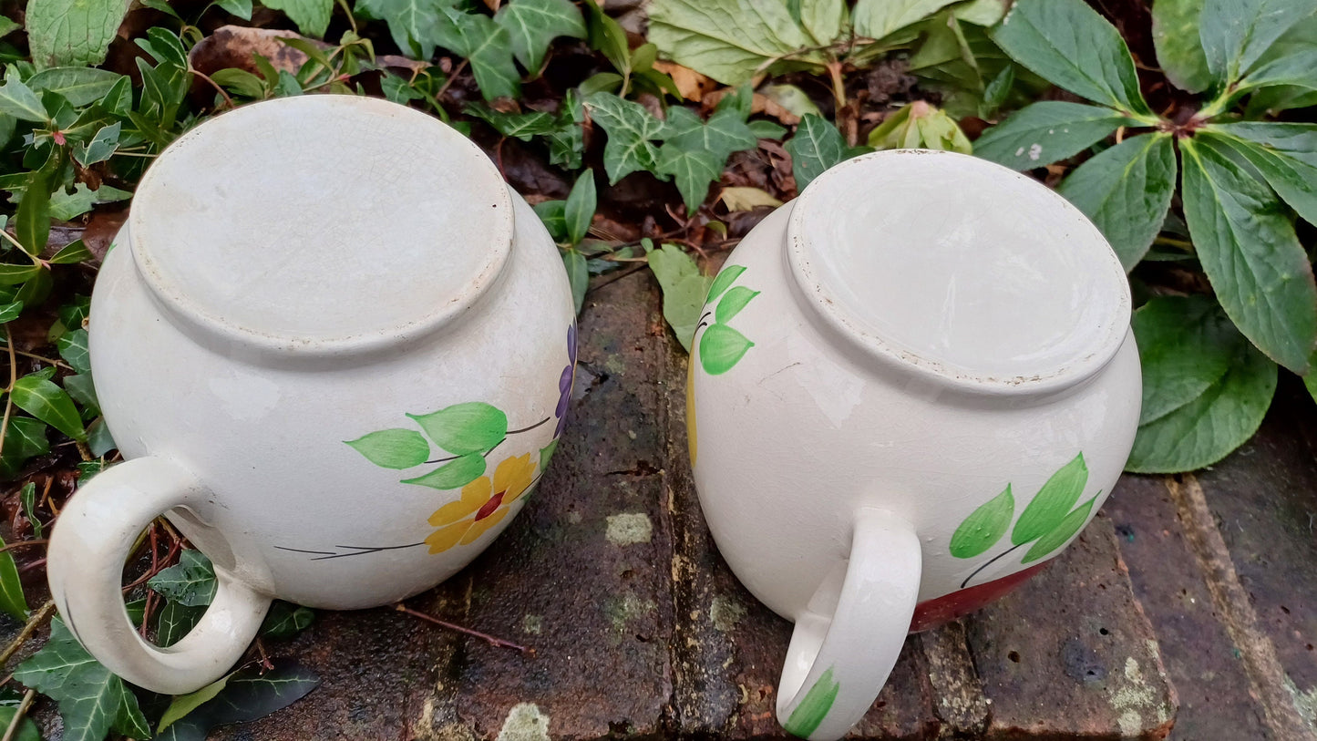 Mid century vintage matching pottery jugs - handpainted flowers and fruit - glazed, kitchen jugs, vases, 13cm tall