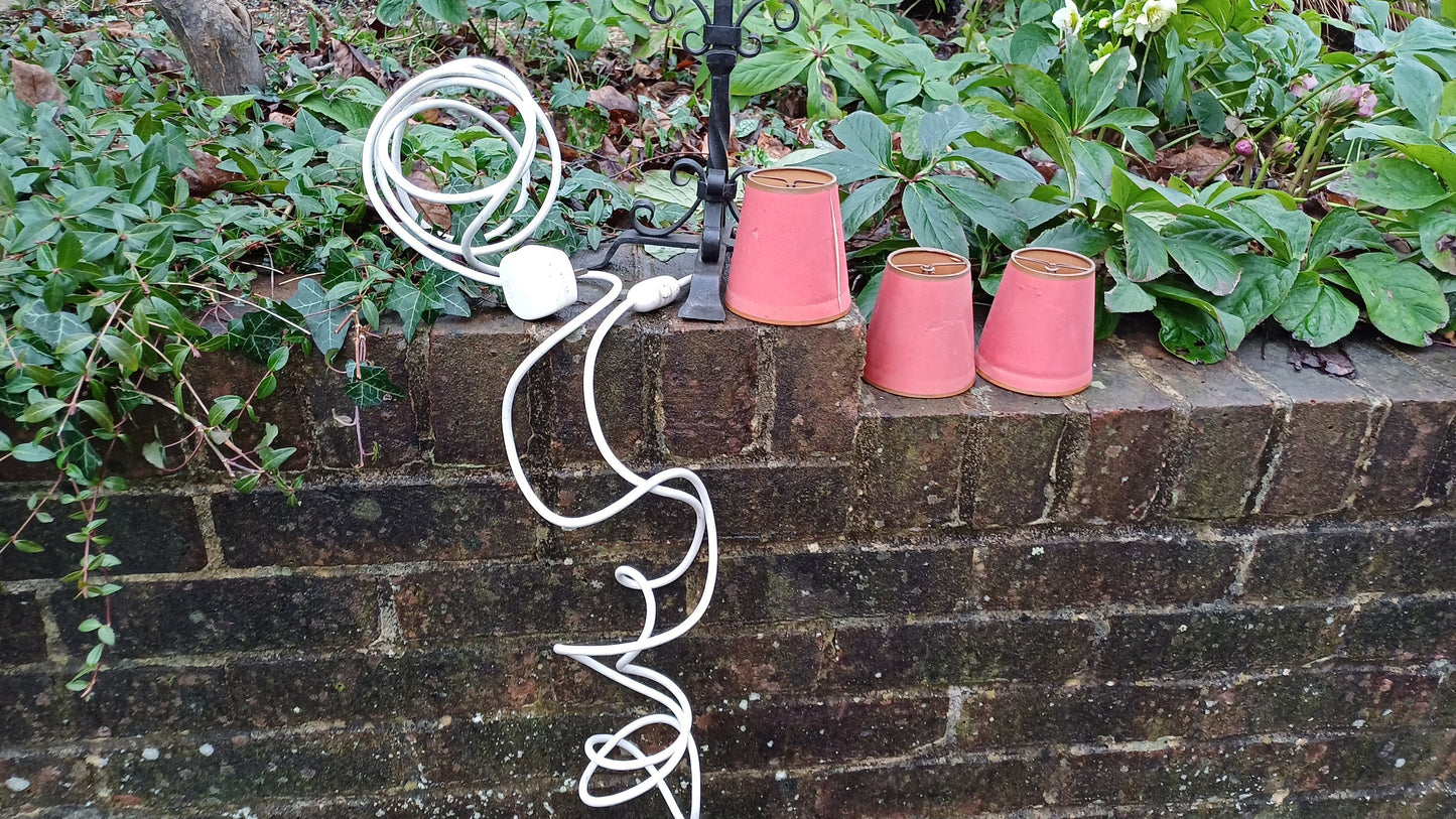 1960s Candelabra style black metal lamp with 3 original red shades - 36cm tall, gothic, medieval, church, olde worlde, pub lamp - WORKING