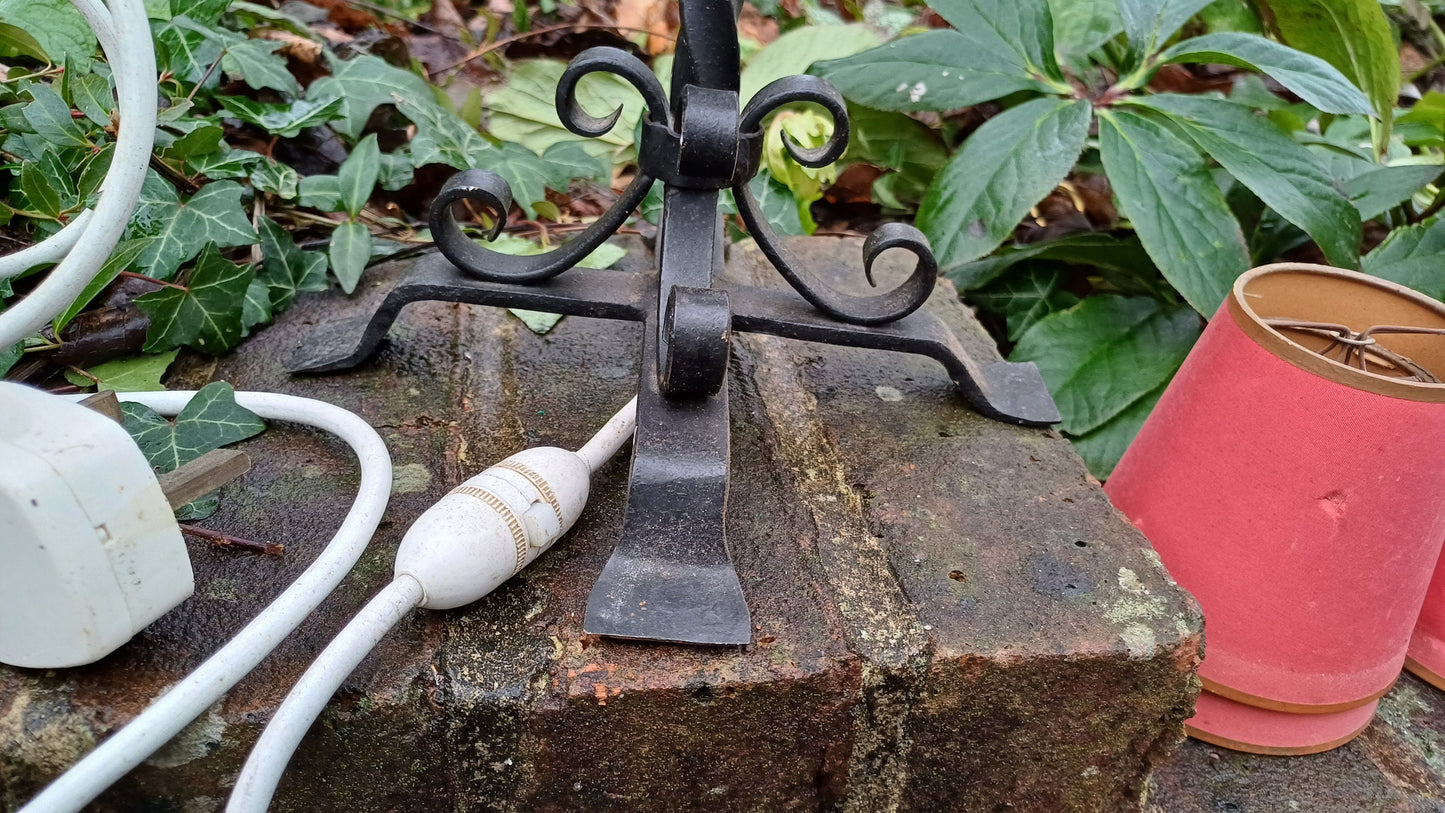 1960s Candelabra style black metal lamp with 3 original red shades - 36cm tall, gothic, medieval, church, olde worlde, pub lamp - WORKING