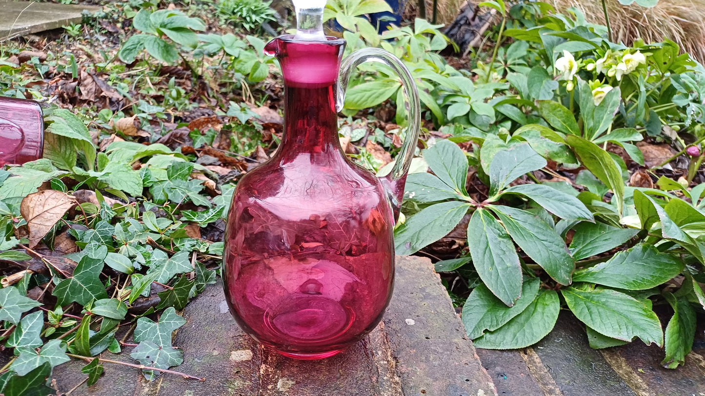 Vintage Cranberry Decanter - handblown pontil - clear handle and stopper -