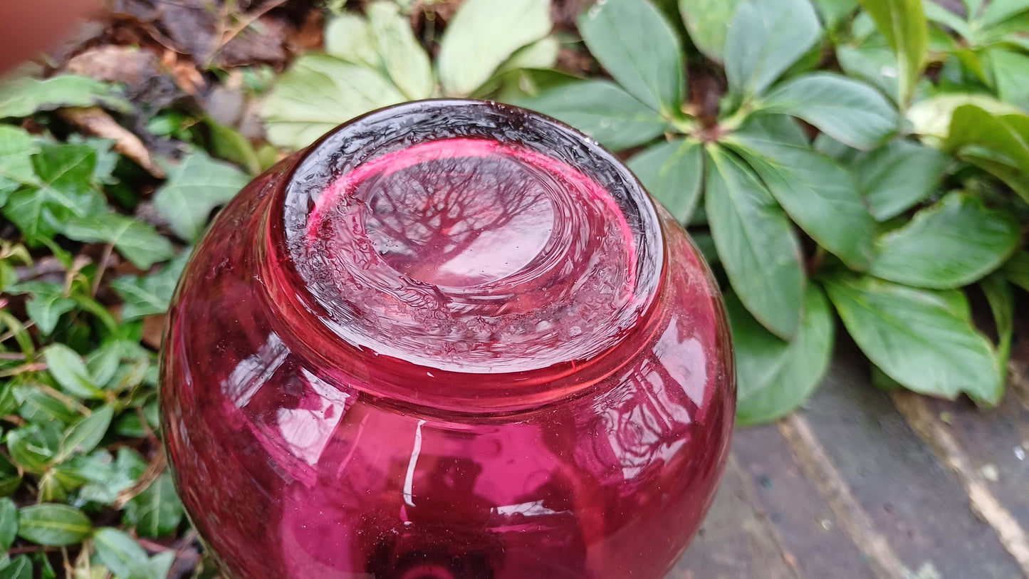 Vintage Cranberry Decanter - handblown pontil - clear handle and stopper -