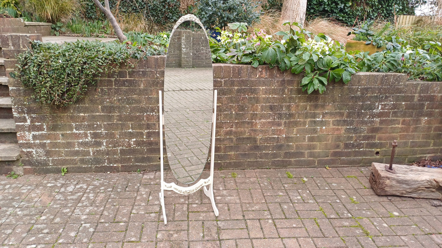 Elegant Vintage Retro Painted Cheval Bedroom Mirror Oval White Gold Highlights.