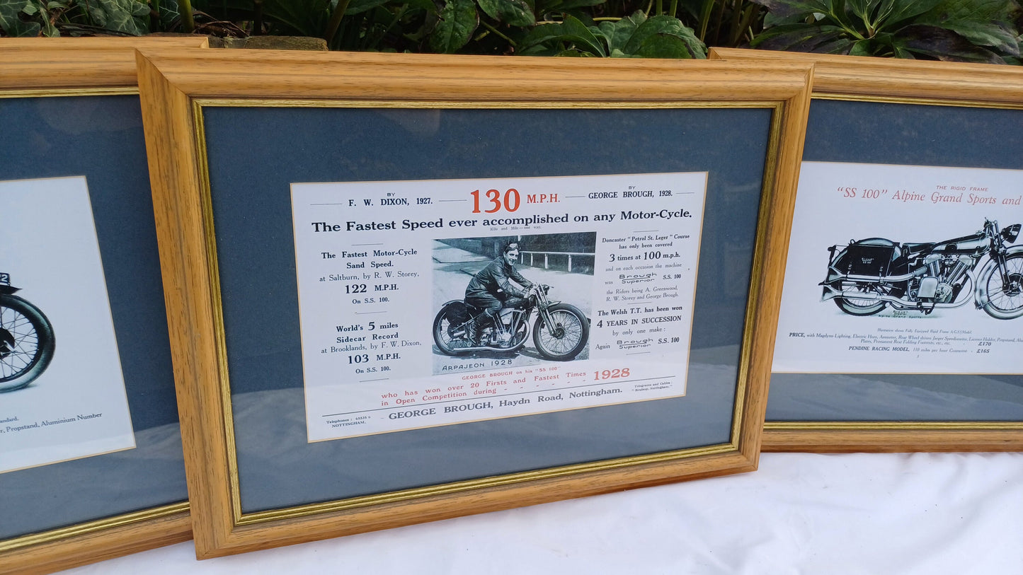 Three Vintage Motorcycle Advertising Prints 'SS100' Alpine Grand Sports and 'Pendine' George Brough with Wooden Picture Frames and Mounts.