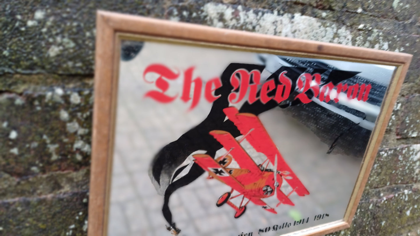 Classic 70s Retro 'The Red Baron' Richthofen Aeroplane WW1 Mirror. Wooden Frame.