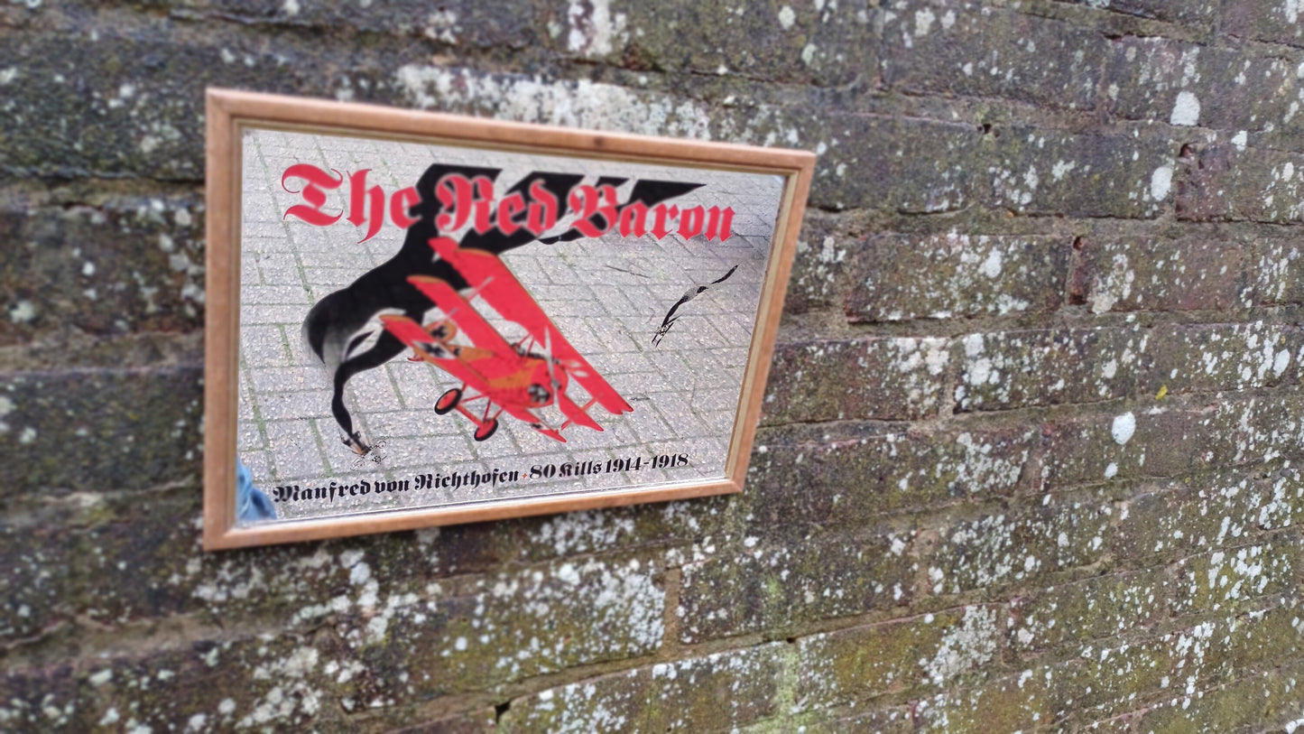 Classic 70s Retro 'The Red Baron' Richthofen Aeroplane WW1 Mirror. Wooden Frame.