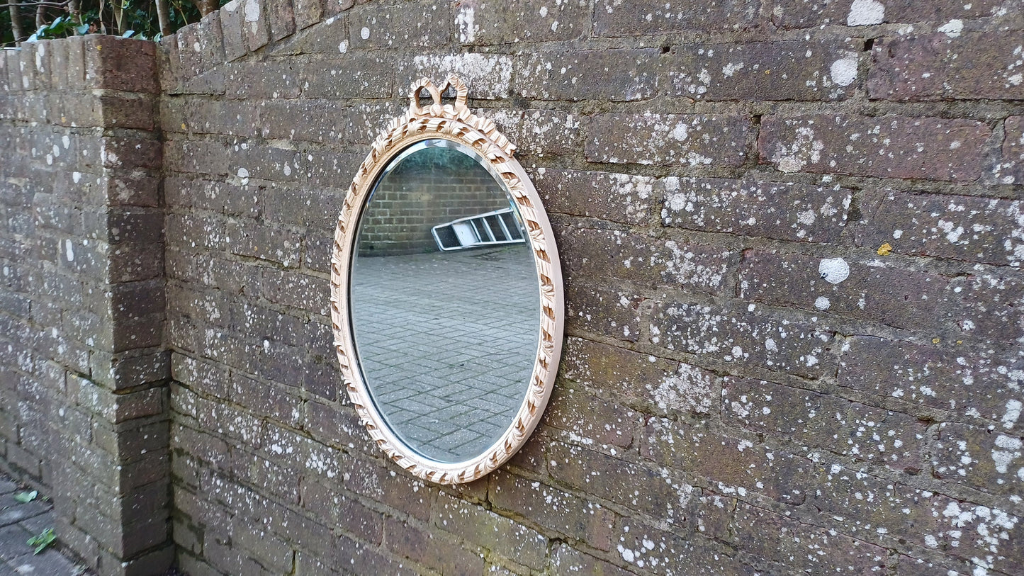 Large Vintage Oval 50s or 60s Painted Cream and God Oval Wall Mirror. Ribbon Decoration.