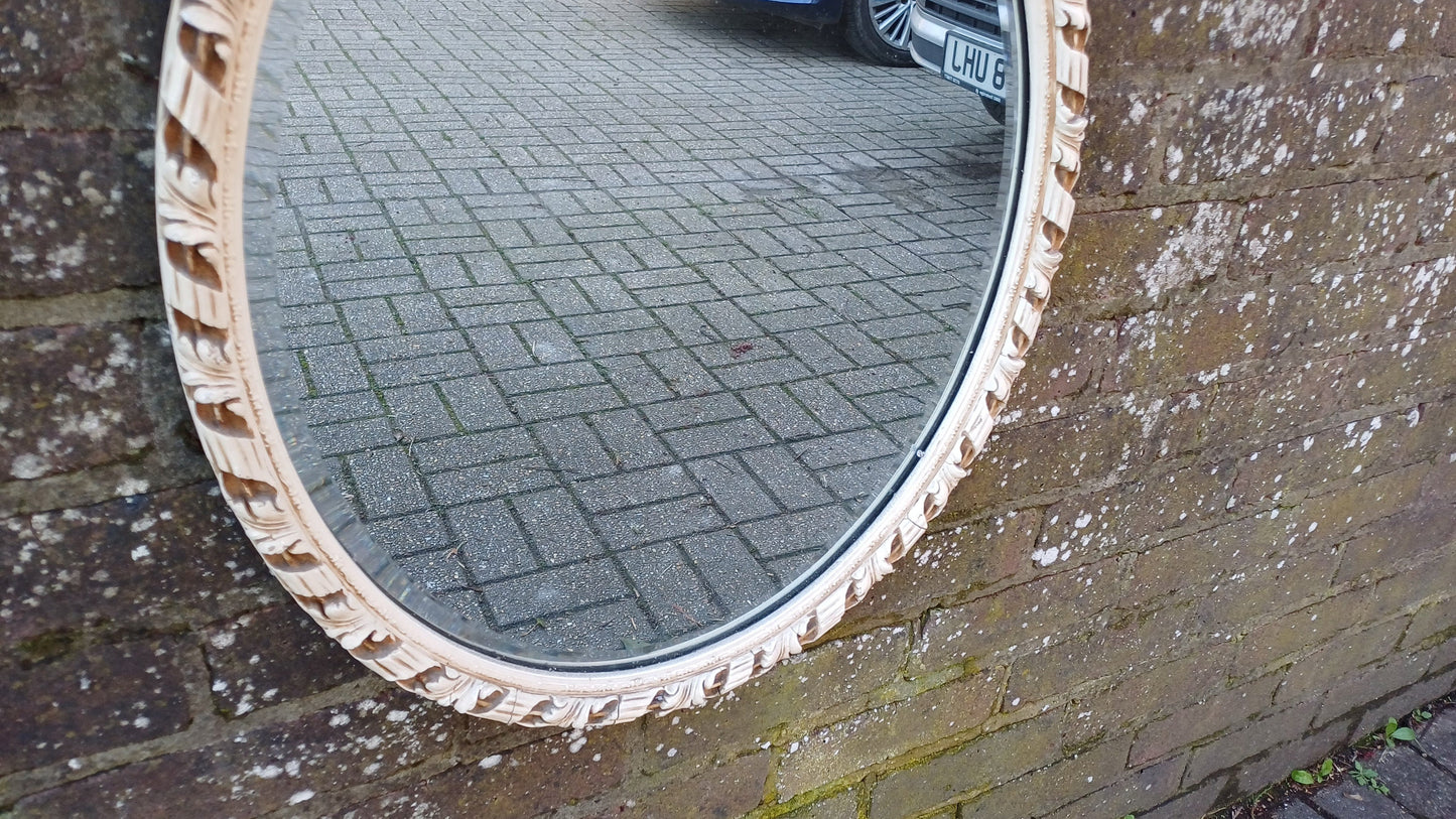 Large Vintage Oval 50s or 60s Painted Cream and God Oval Wall Mirror. Ribbon Decoration.