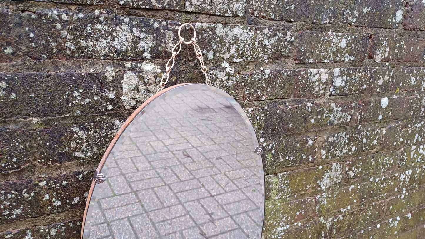 Vintage Retro Oval 1950s Frameless Mirror Bevelled Edges. Chrome Clips.