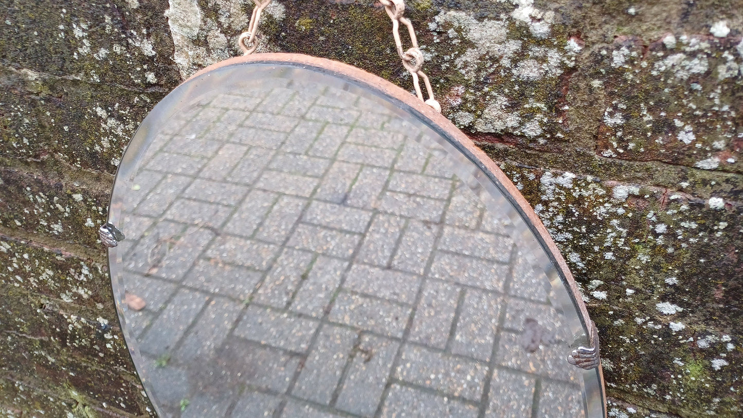 Vintage Retro Oval 1950s Frameless Mirror Bevelled Edges. Chrome Clips.