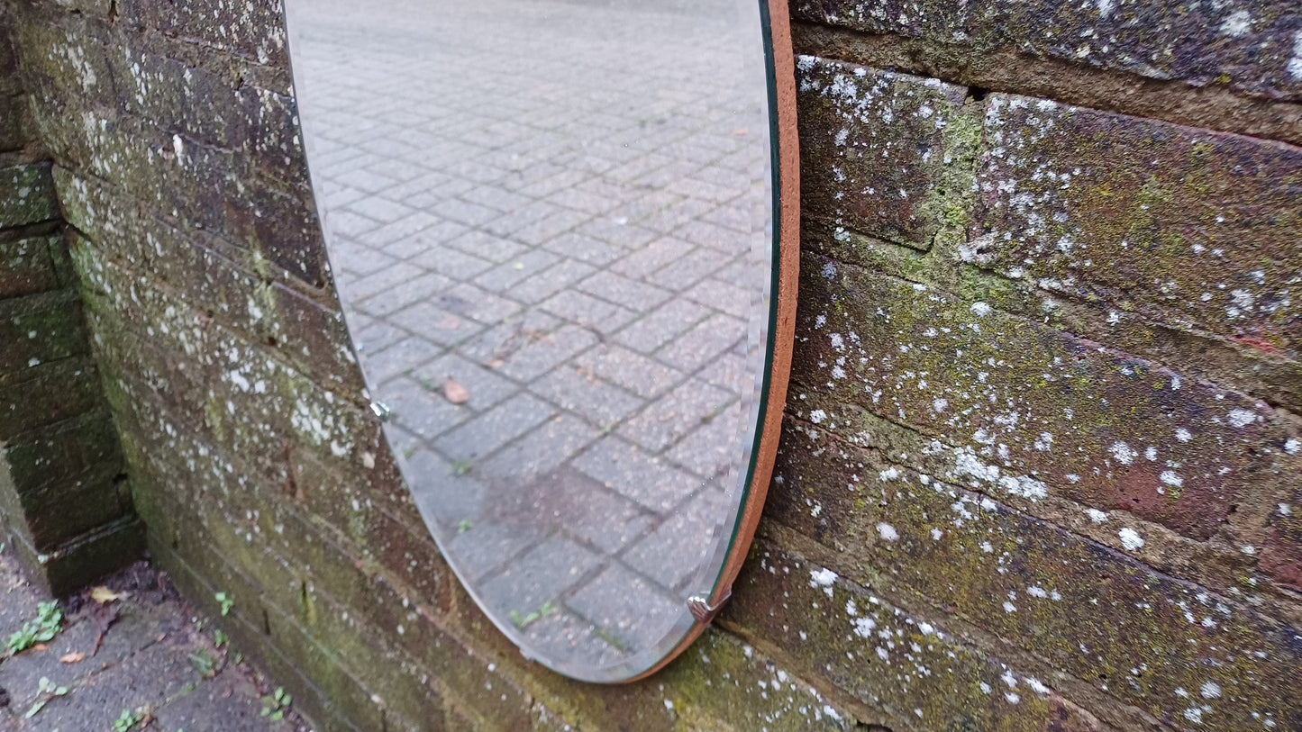 Vintage Retro Oval 1950s Frameless Mirror Bevelled Edges. Chrome Clips.
