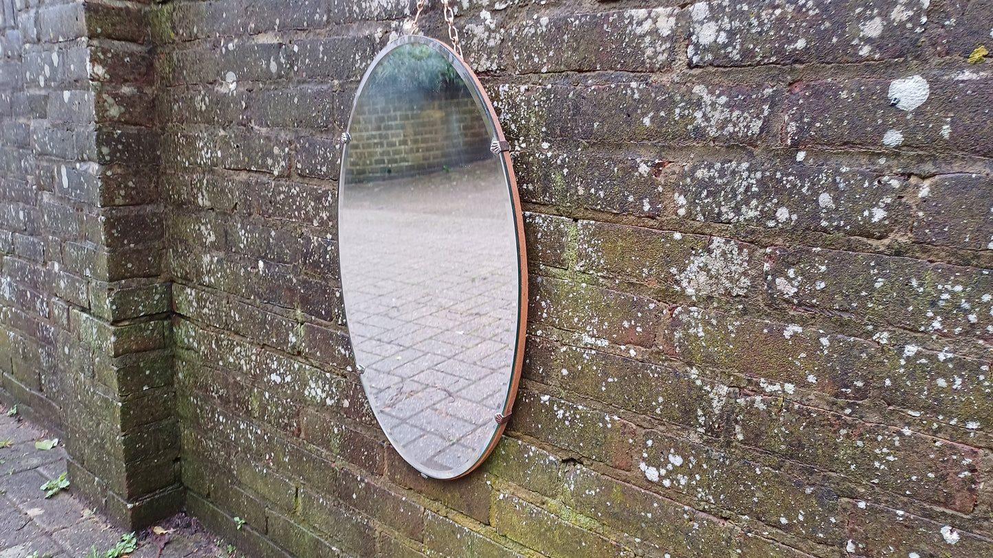 Vintage Retro Oval 1950s Frameless Mirror Bevelled Edges. Chrome Clips.