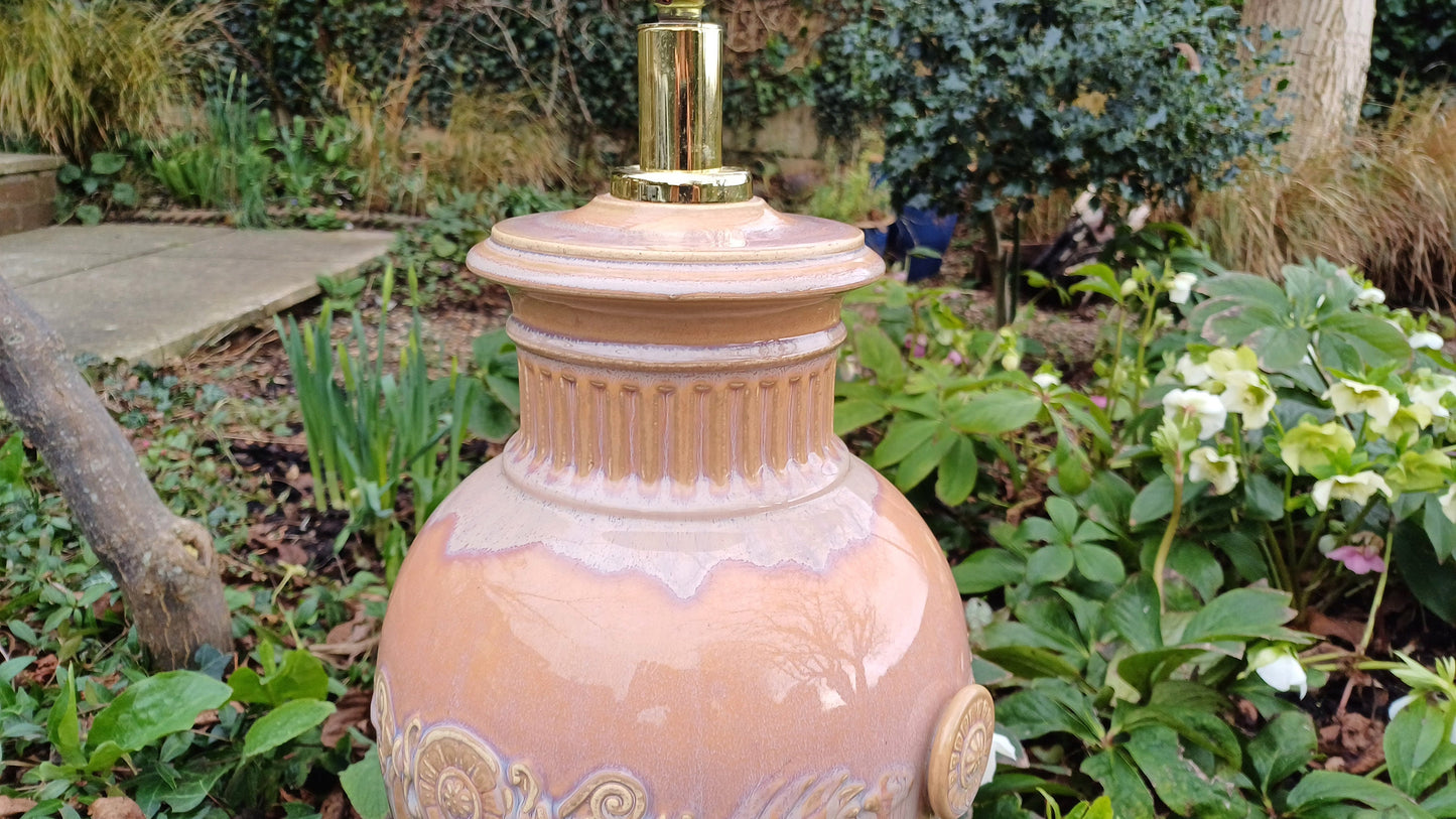 Huge Heavy Ceramic Lamp Glazed Pottery Lustre Finish and Glaze. Pleated Silk Effect Lampshade.