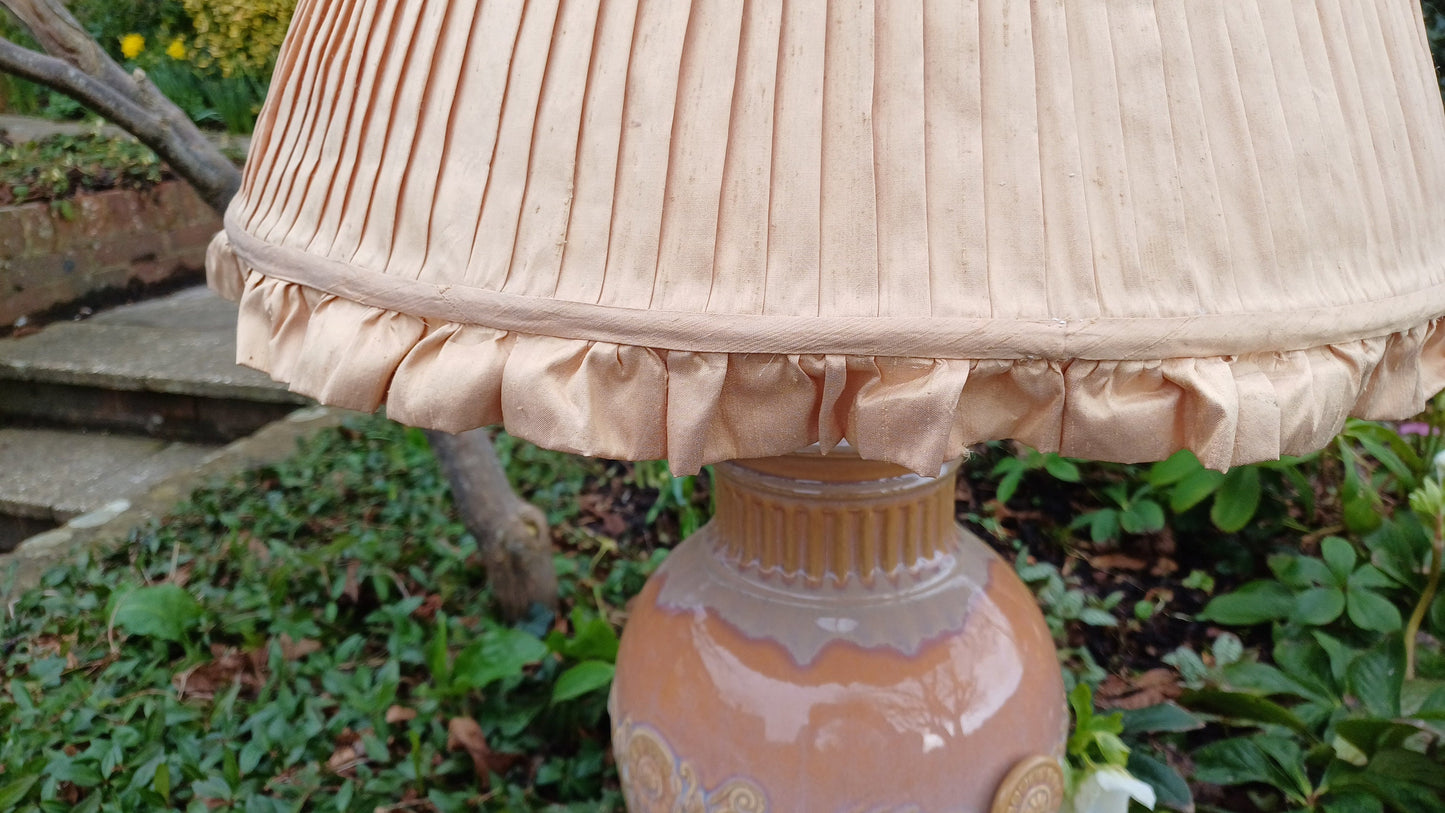 Huge Heavy Ceramic Lamp Glazed Pottery Lustre Finish and Glaze. Pleated Silk Effect Lampshade.