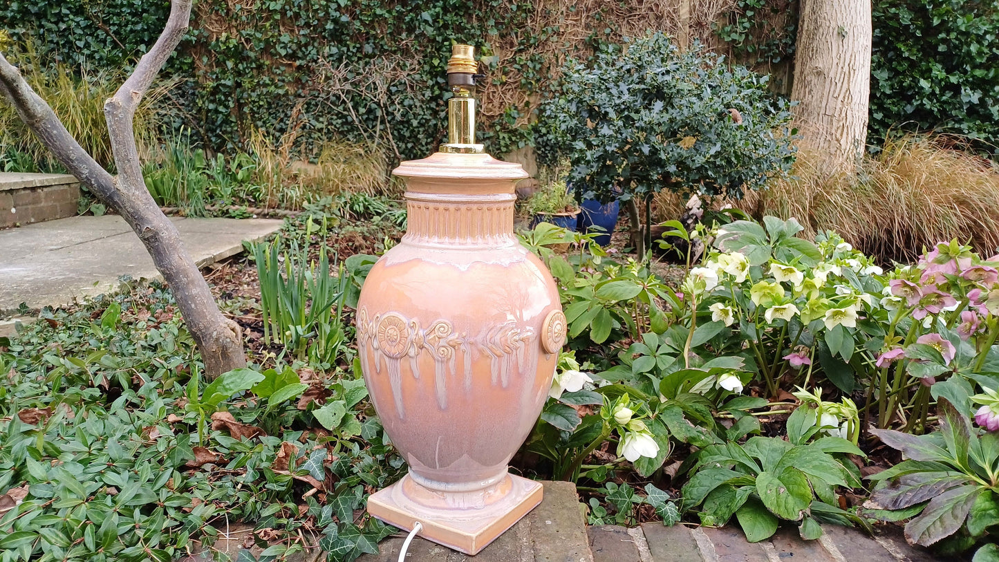 Pair of Huge Heavy Ceramic Lamp Lamps Glazed Pottery Lustre Finish and Glaze. Pleated Silk Effect Lampshades.