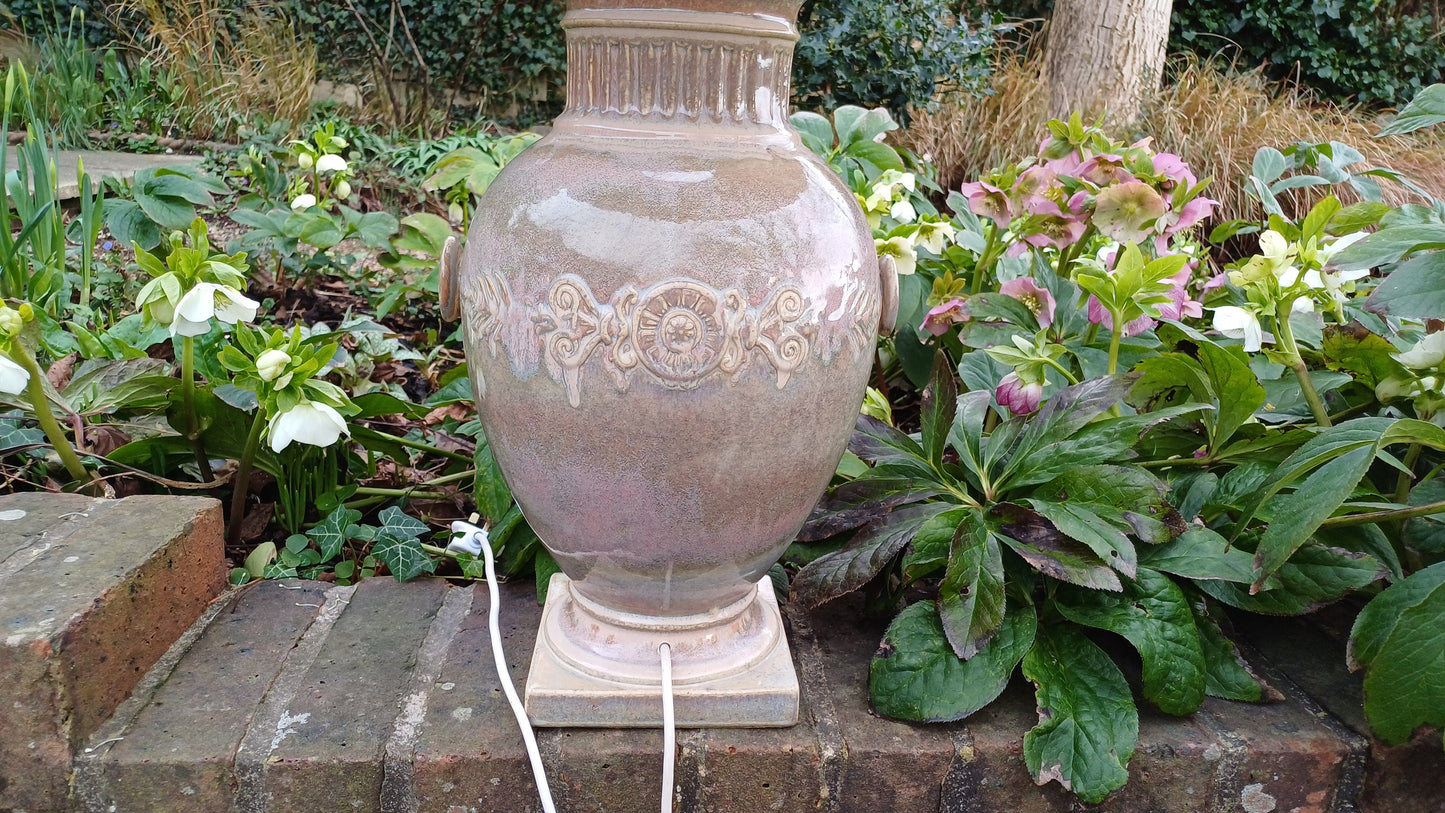 Huge Heavy Ceramic Lamp Glazed Pottery Lustre Finish and Glaze. Pleated Silk Effect Lampshade.