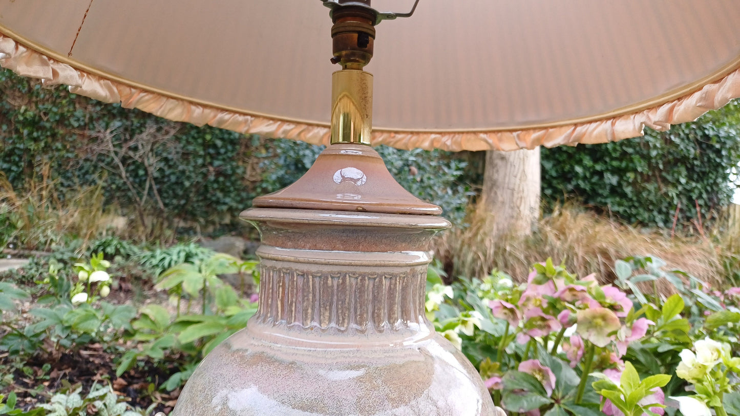 Huge Heavy Ceramic Lamp Glazed Pottery Lustre Finish and Glaze. Pleated Silk Effect Lampshade.