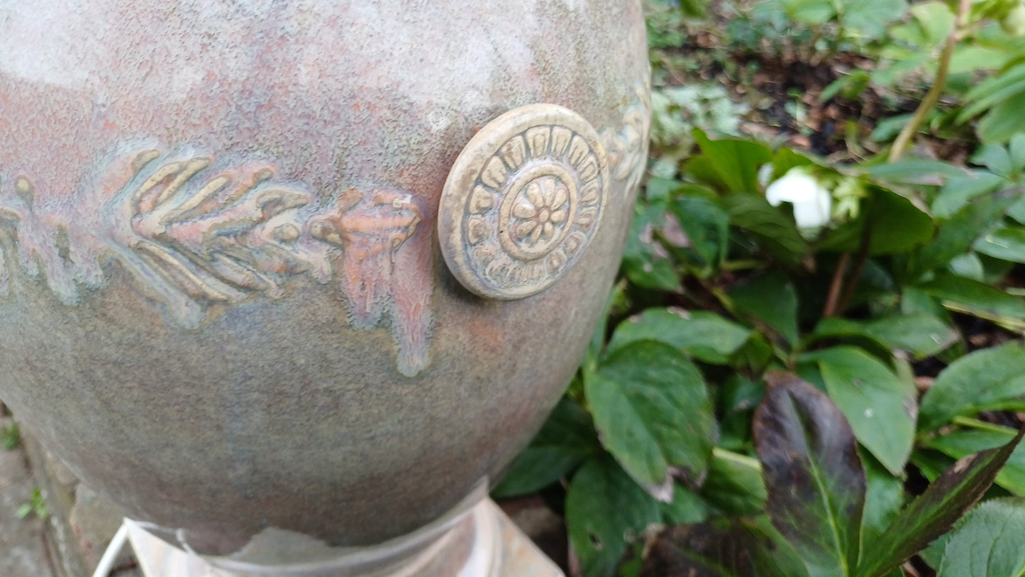 Huge Heavy Ceramic Lamp Glazed Pottery Lustre Finish and Glaze. Pleated Silk Effect Lampshade.