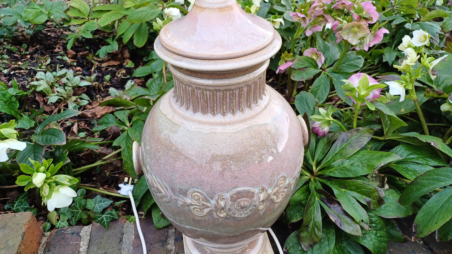 Huge Heavy Ceramic Lamp Glazed Pottery Lustre Finish and Glaze. Pleated Silk Effect Lampshade.