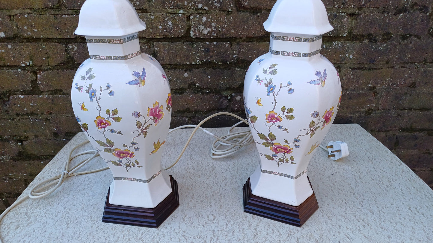 Huge Pair of White Ceramic Oriental Indian Tree Style Table Lamps Bird and Flowers. Working.