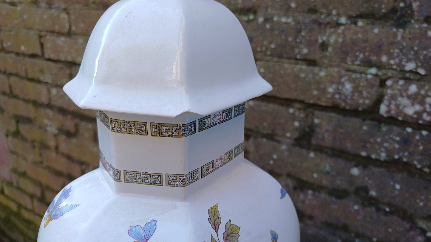 Huge Pair of White Ceramic Oriental Indian Tree Style Table Lamps Bird and Flowers. Working.