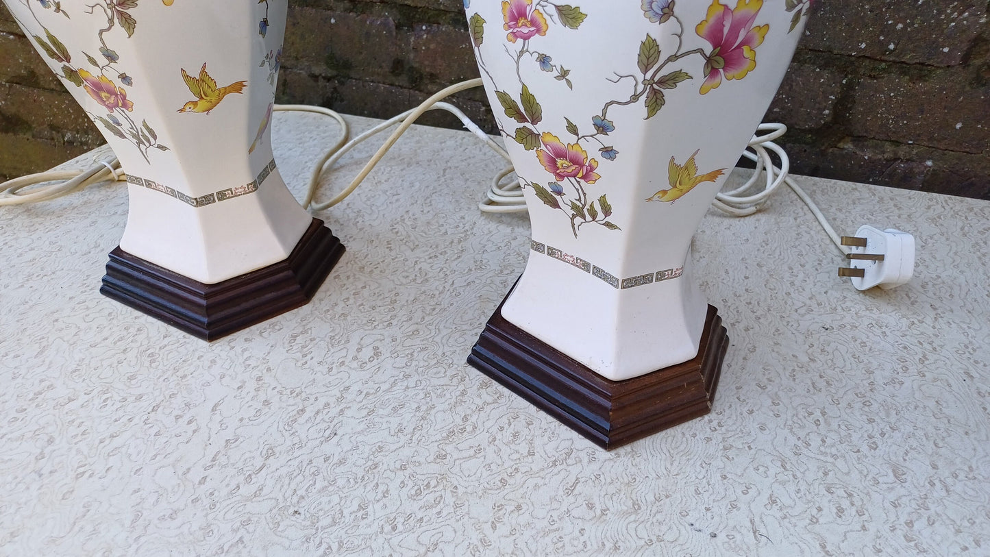 Huge Pair of White Ceramic Oriental Indian Tree Style Table Lamps Bird and Flowers. Working.