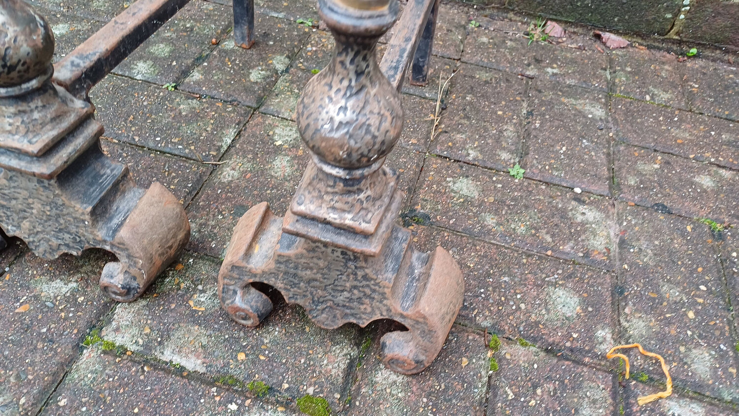 Pair of Vintage Brass and Iron Fire Dogs Fireplace Decor Possibly Continental.