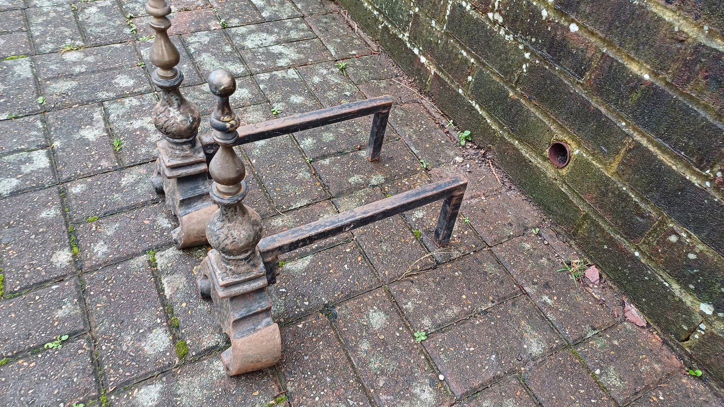 Pair of Vintage Brass and Iron Fire Dogs Fireplace Decor Possibly Continental.