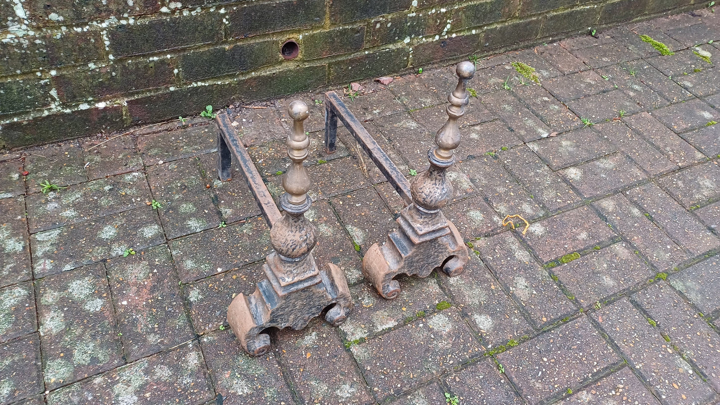 Pair of Vintage Brass and Iron Fire Dogs Fireplace Decor Possibly Continental.
