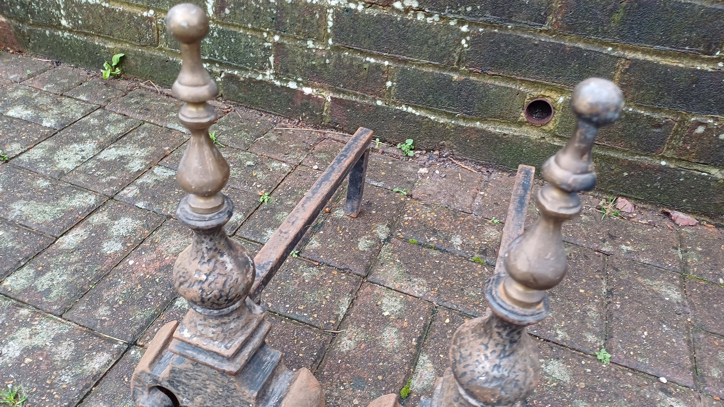 Pair of Vintage Brass and Iron Fire Dogs Fireplace Decor Possibly Continental.