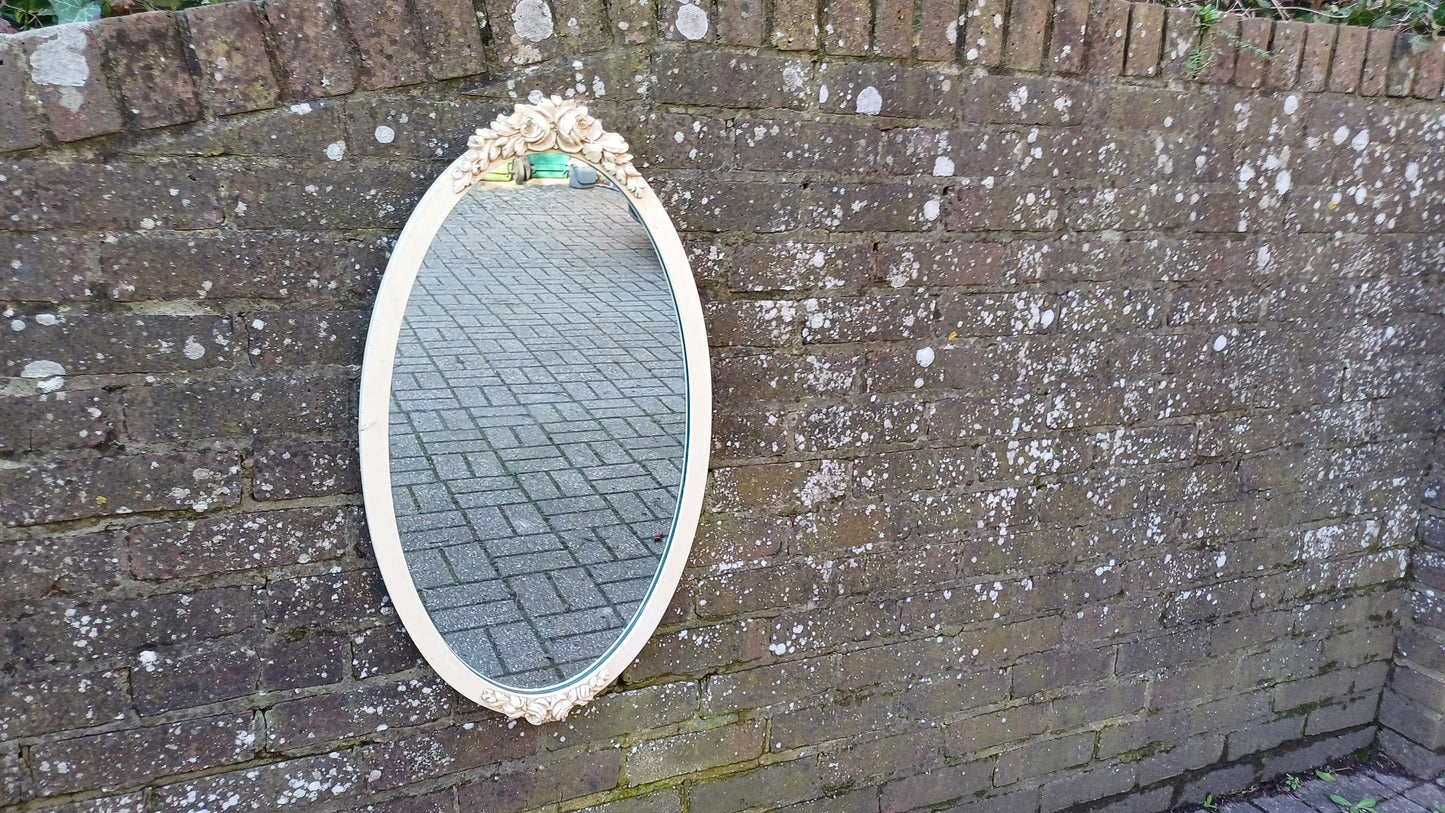 Vintage 80s Oval Painted Mirror Floral Flower Decoration Motif.