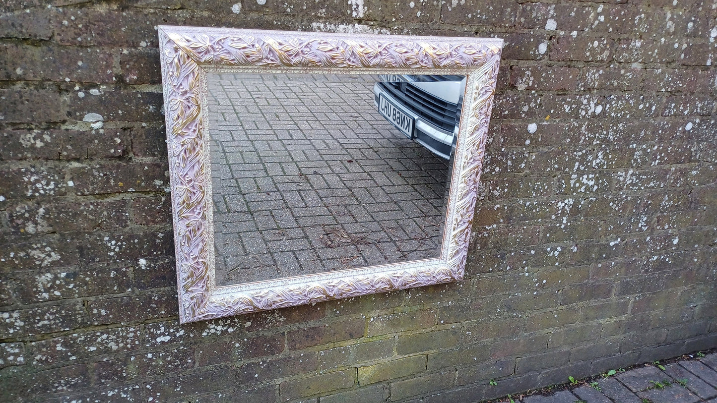Quirky Leaves and Berries Huge Quality Vintage 90s Painted Mirror Pink Mottled Hues and Gold. Bevelled Glass.