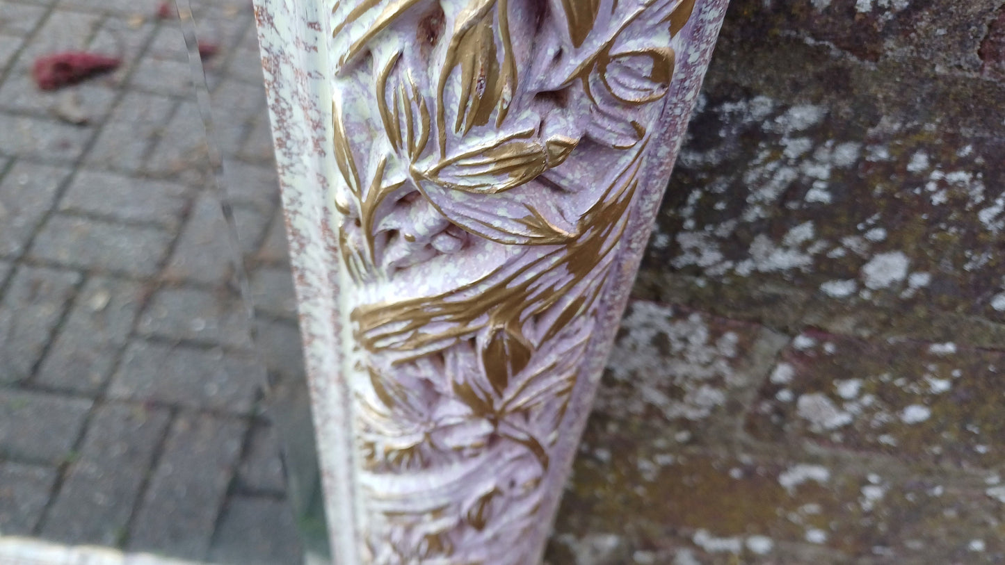 Quirky Leaves and Berries Huge Quality Vintage 90s Painted Mirror Pink Mottled Hues and Gold. Bevelled Glass.
