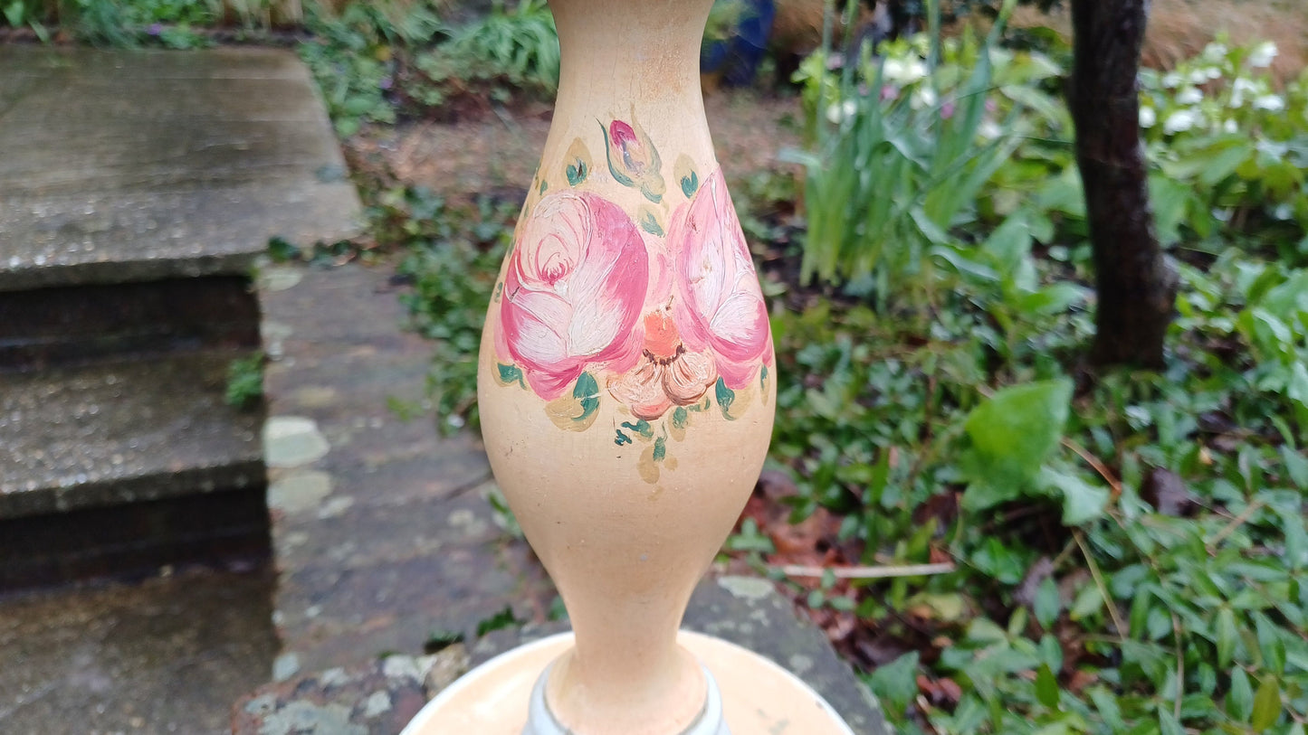Vintage French Country Style Wooden painted table lamp - roses, pink, peach, grey - shabby chic lamp, working lamp