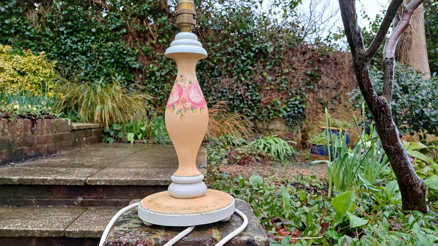 Vintage French Country Style Wooden painted table lamp - roses, pink, peach, grey - shabby chic lamp, working lamp