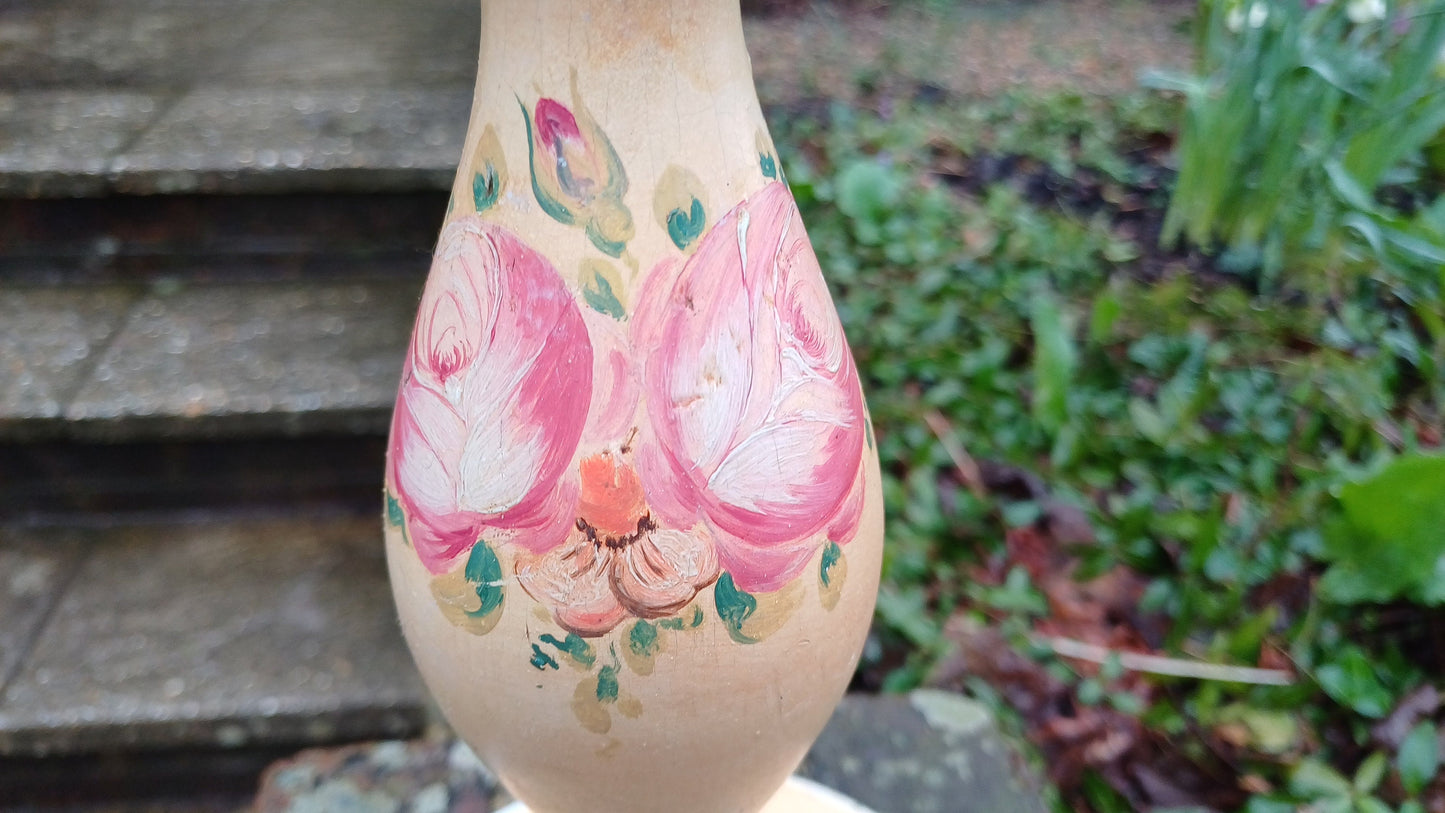 Vintage French Country Style Wooden painted table lamp - roses, pink, peach, grey - shabby chic lamp, working lamp