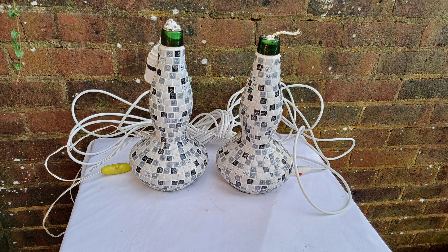 Superb Pair of Mosaic on Glass Bottle Handmade Bedside Lamps. Great condition. Lots of flex but need rewiring. Black White Grey..