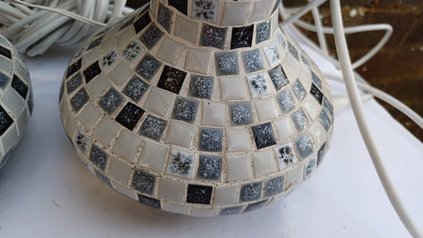Superb Pair of Mosaic on Glass Bottle Handmade Bedside Lamps. Great condition. Lots of flex but need rewiring. Black White Grey..