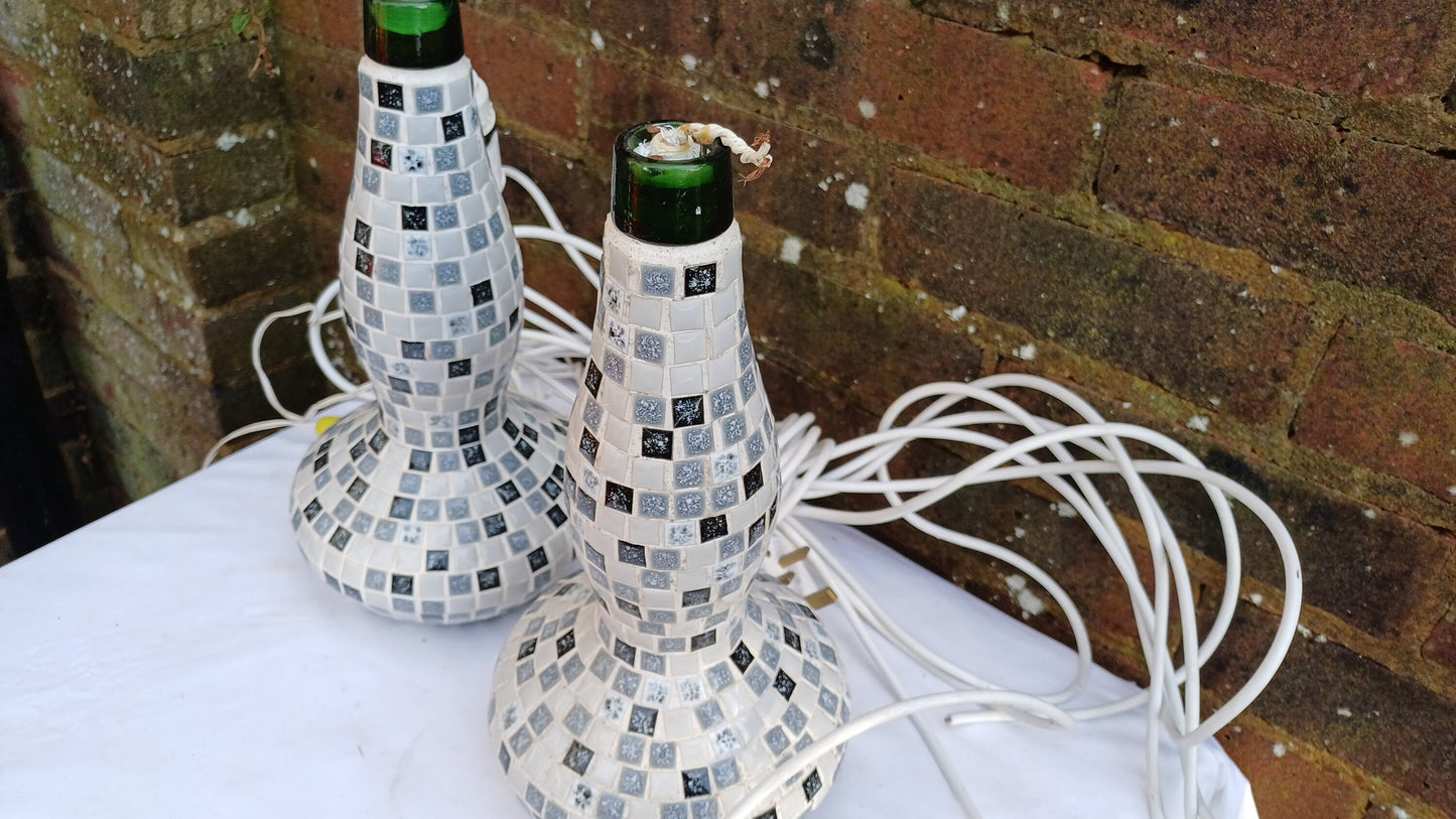 Superb Pair of Mosaic on Glass Bottle Handmade Bedside Lamps. Great condition. Lots of flex but need rewiring. Black White Grey..