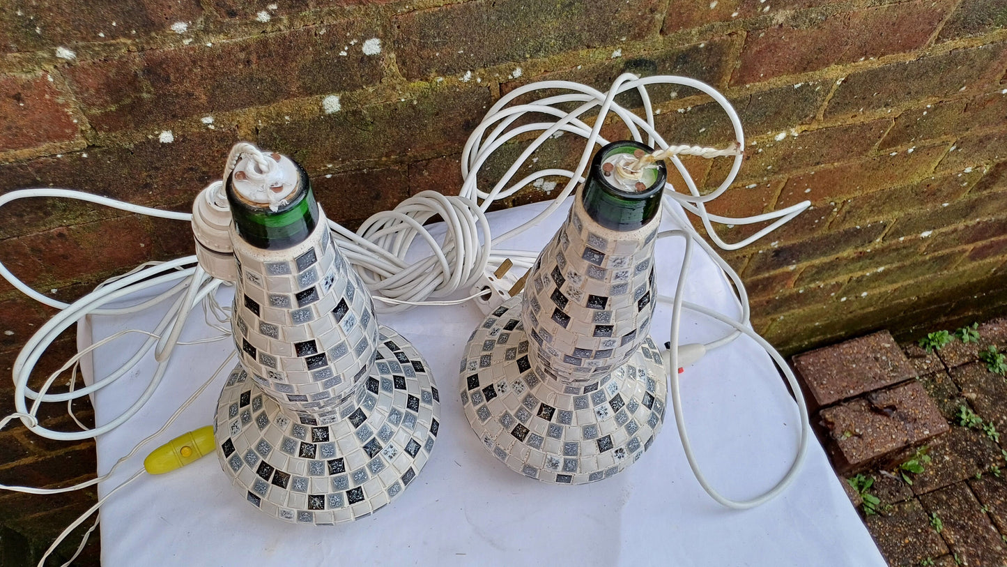 Superb Pair of Mosaic on Glass Bottle Handmade Bedside Lamps. Great condition. Lots of flex but need rewiring. Black White Grey..