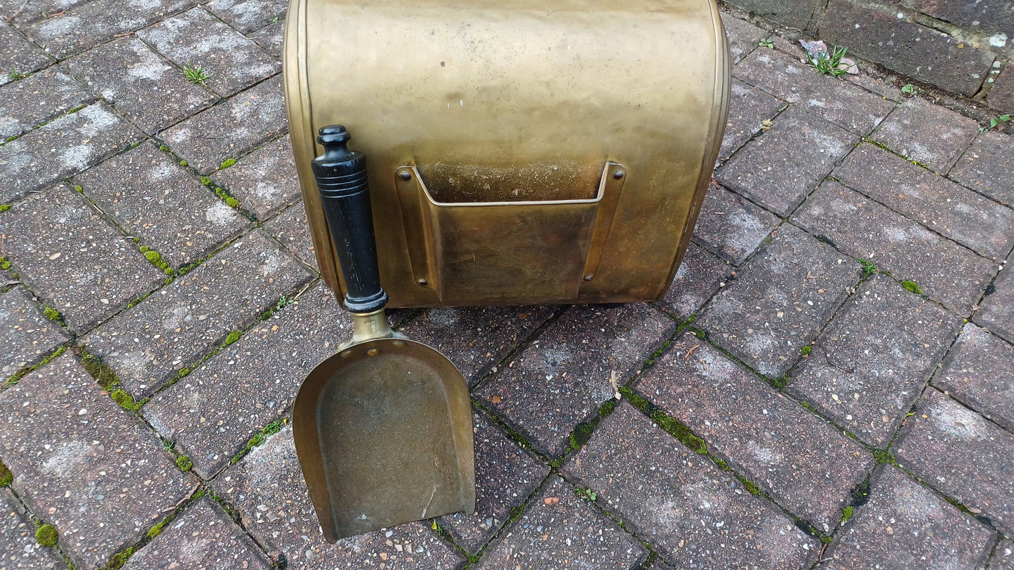 Superb and Complete Vintage Victorian Brass Coal Scuttle Bin With Brass Shovel