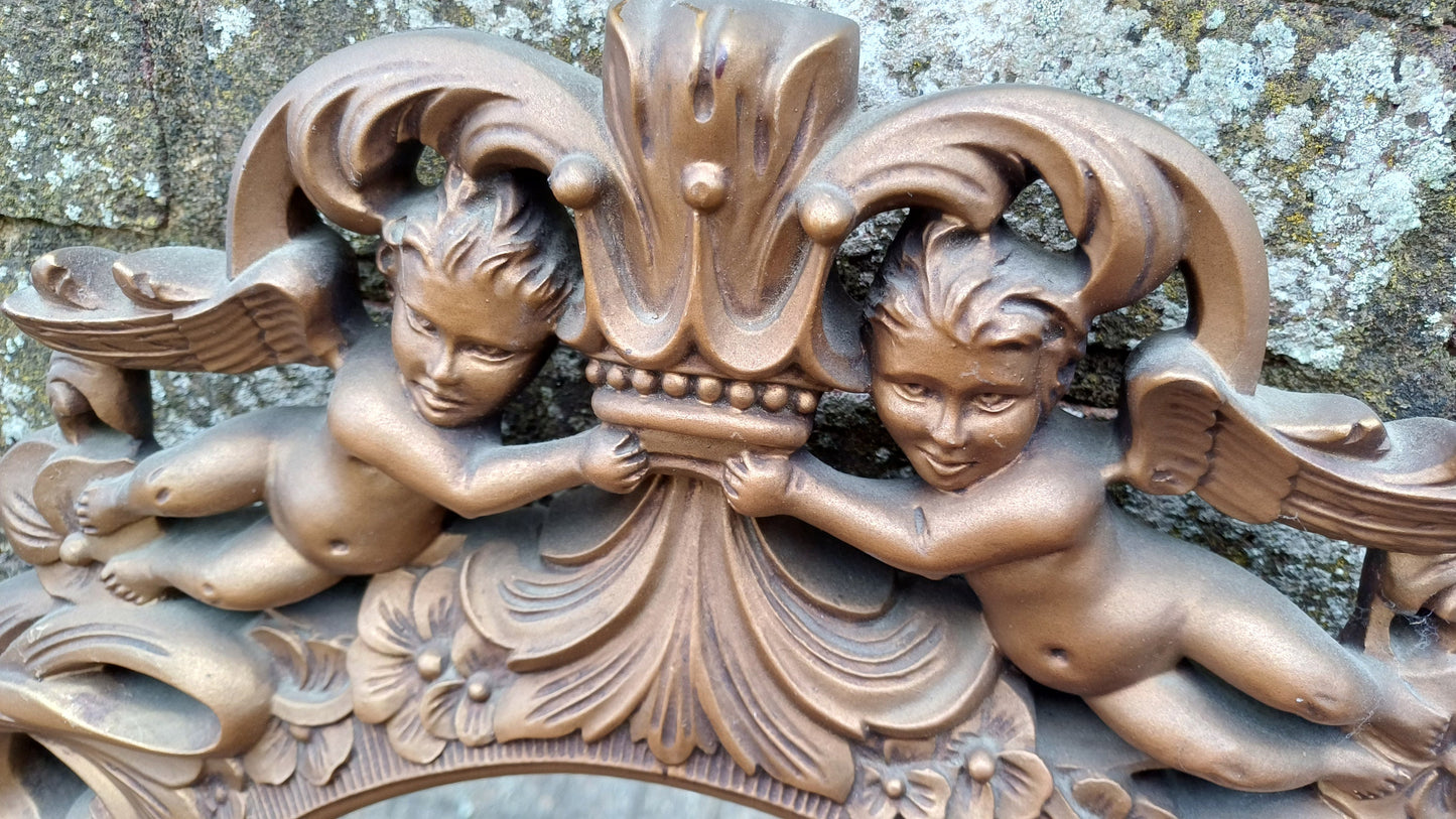 Stunning Gold 70s Vintage Ornate Gold Decorative Wall Mirror Cherub and Floral Decoration