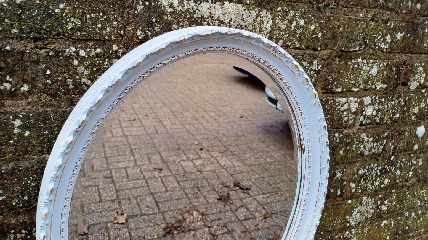 Large Stunning Unique Vintage Painted Oval Mirror in Farrow and Ball Borrowed Light Blue.