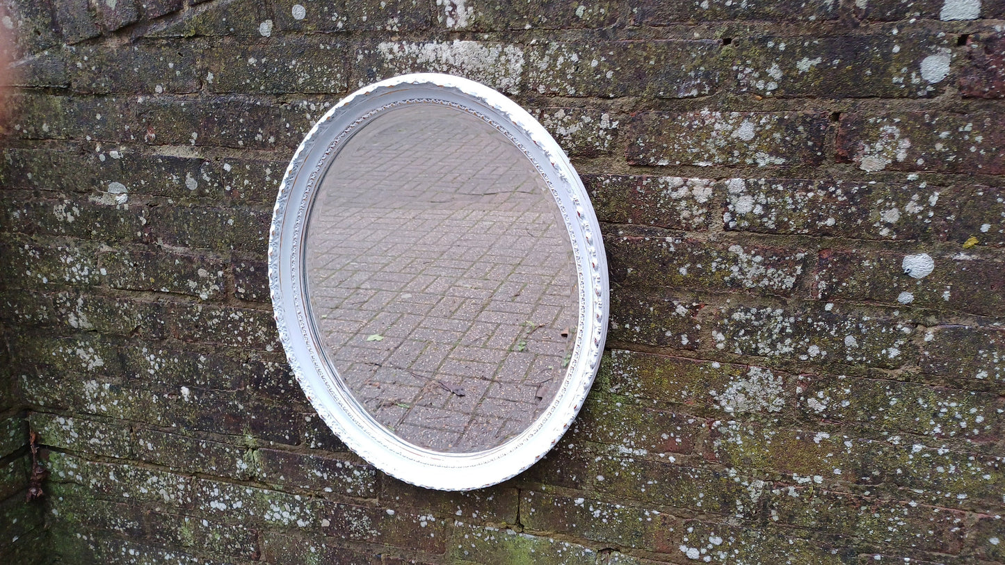 Large Stunning Unique Vintage Painted Oval Mirror in Farrow and Ball Borrowed Light Blue.