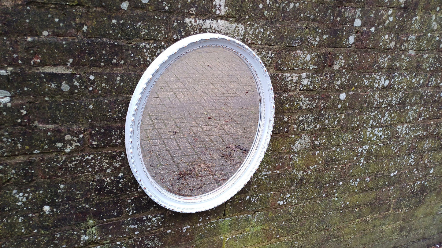 Large Stunning Unique Vintage Painted Oval Mirror in Farrow and Ball Borrowed Light Blue.