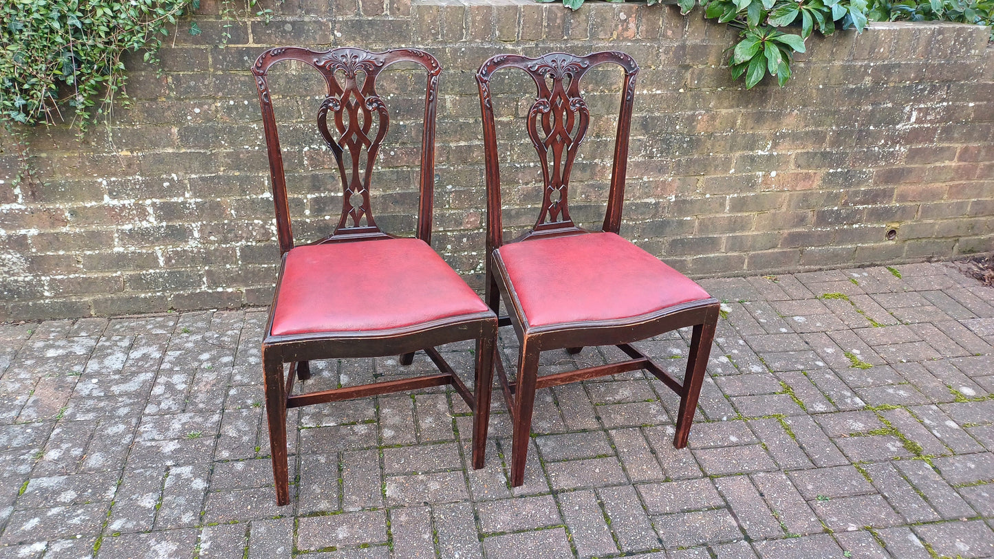 Pair of Vintage Late Victorian Carved Mahogany Chairs Red Leatherette Seats.