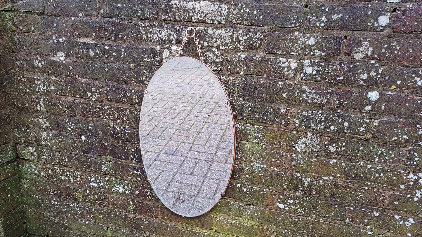 Vintage Retro Oval 1950s Frameless Mirror Bevelled Edges. Chrome Clips.