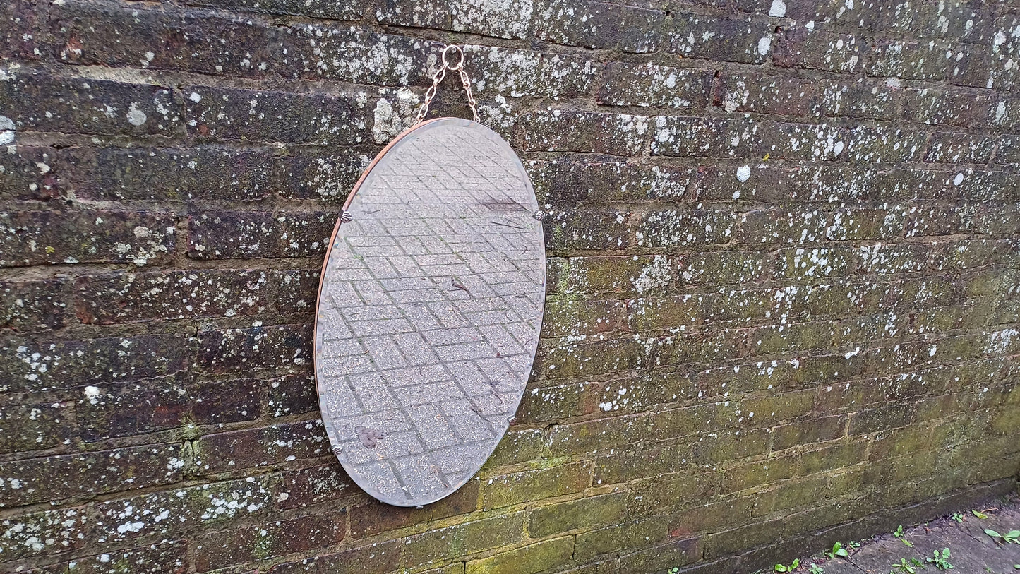 Vintage Retro Oval 1950s Frameless Mirror Bevelled Edges. Chrome Clips.