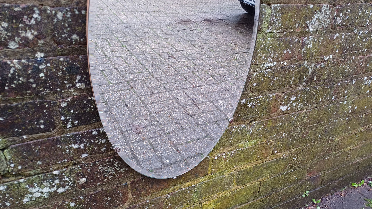 Vintage Retro Oval 1950s Frameless Mirror Bevelled Edges. Chrome Clips.
