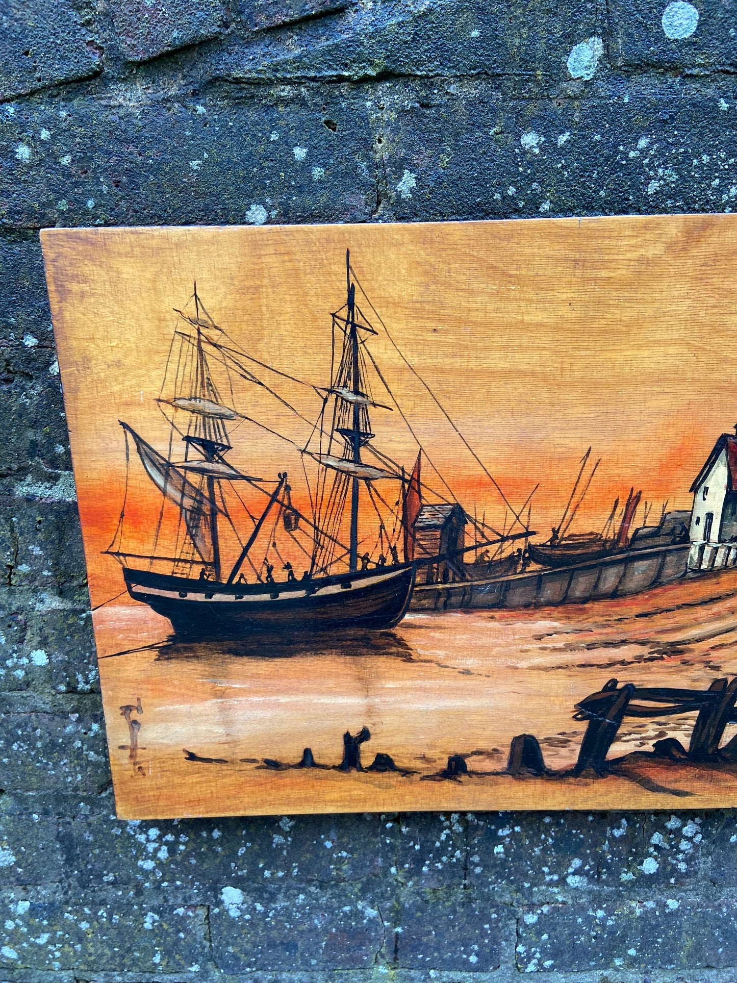 Vintage Brighton 1820 Acrylic Painting burntwood on Blockwood - mixed media with pyrography (?) and acrylic paint